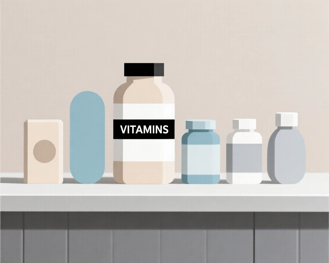A set of vitamins and supplements on a counter