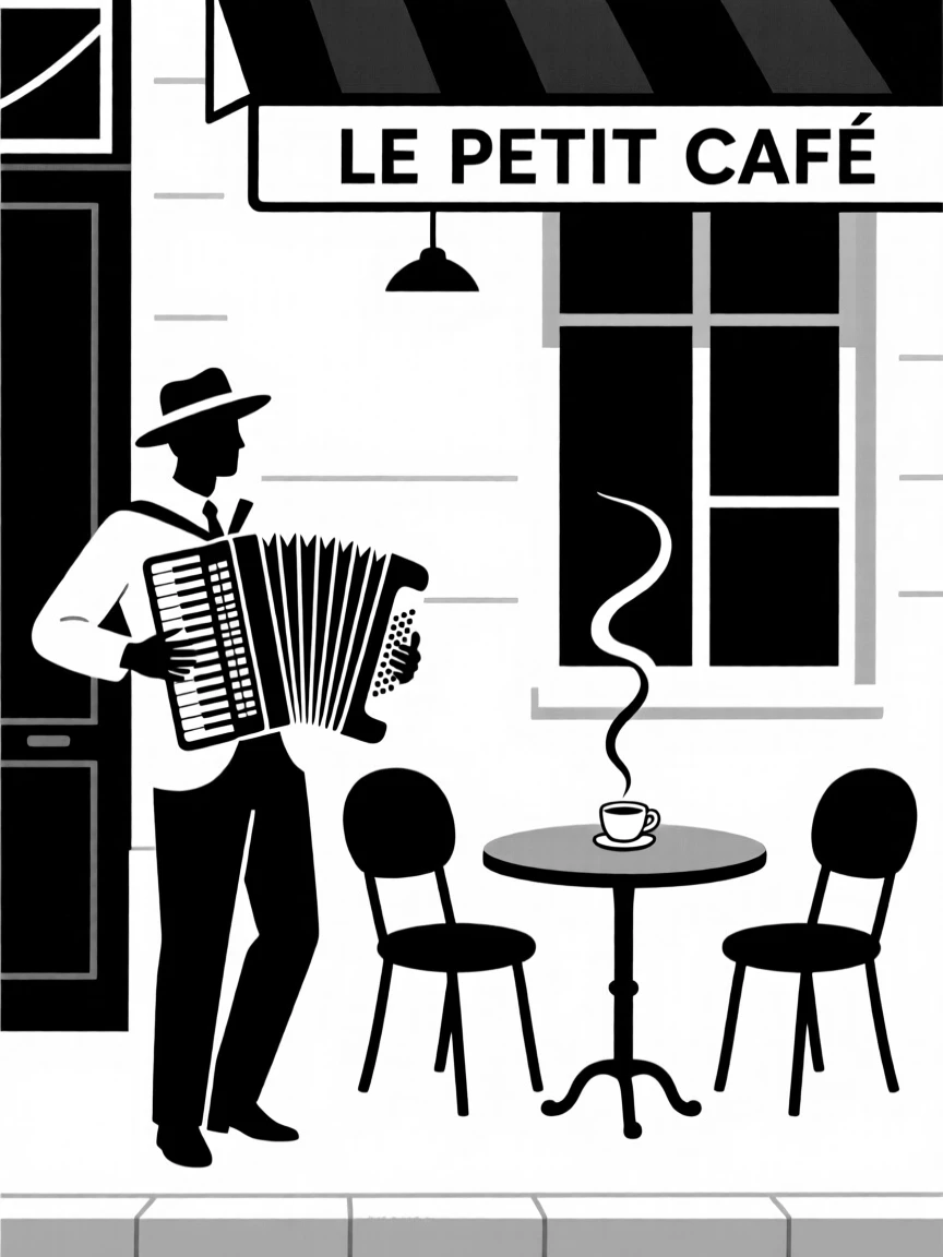 An accordion player performing at a street café.