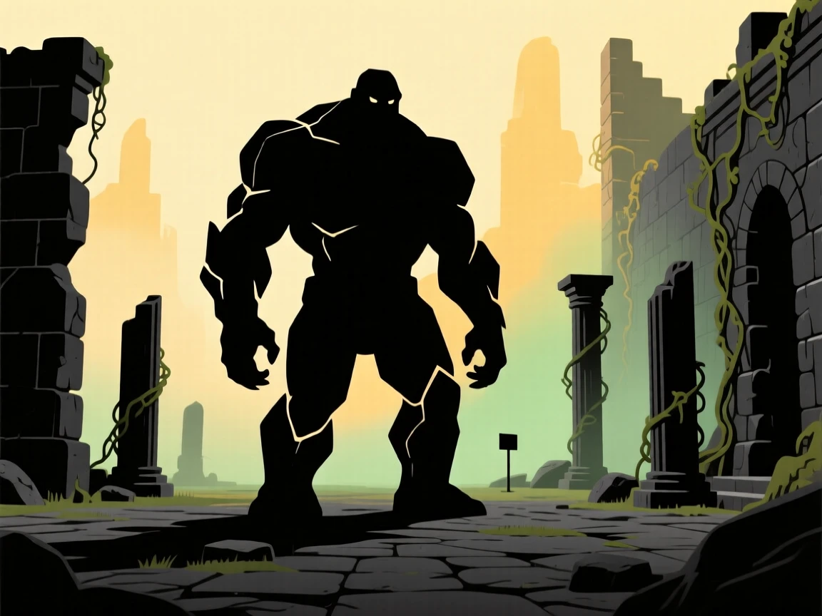 A stone golem standing motionless in an overgrown, forgotten courtyard.