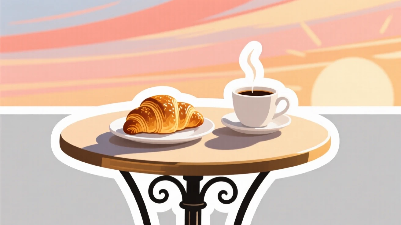 A sun-drenched Parisian café table with a croissant and coffee, under a sky streaked with warm colors, in a moment worth remembering forever.