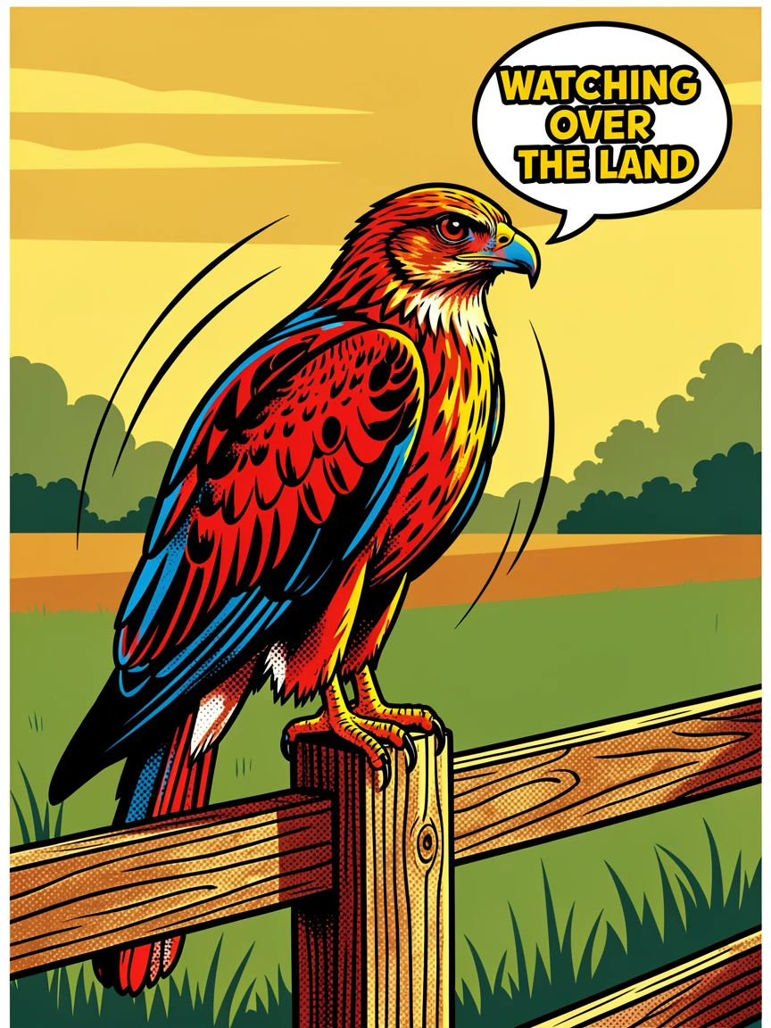 A hawk perched on a fence post overlooking a farm basking in warm afternoon sunlight