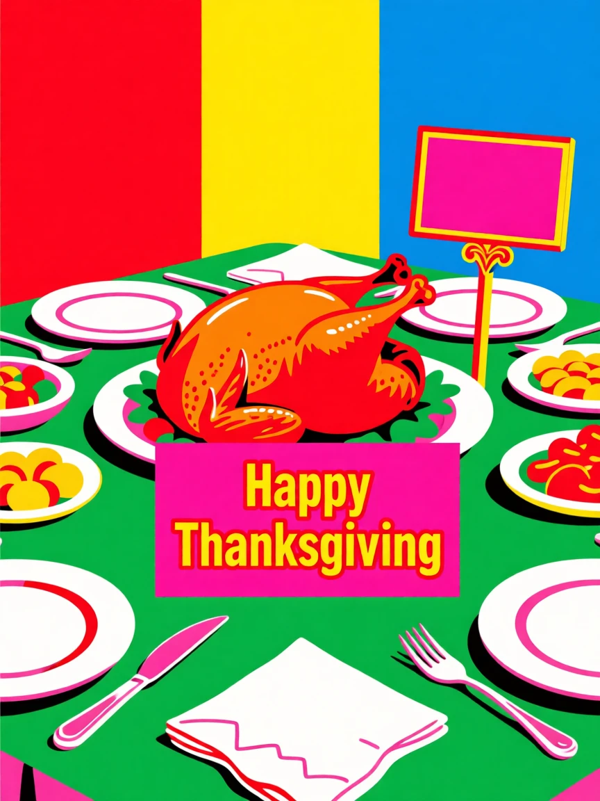 Thanksgiving table set with a roasted turkey