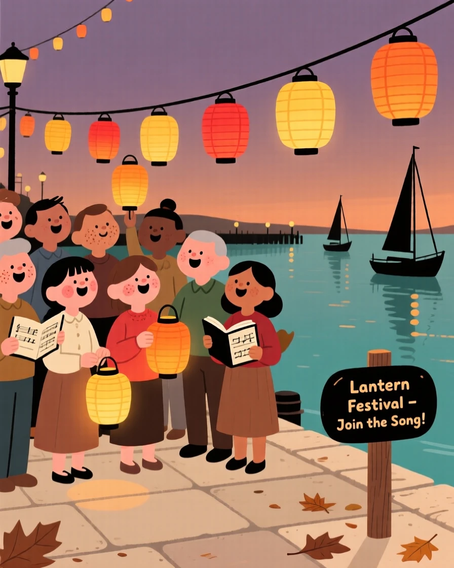A community gathers in the harbor promenade for a lantern festival, singing old songs beneath strings of paper lanterns as evening falls.