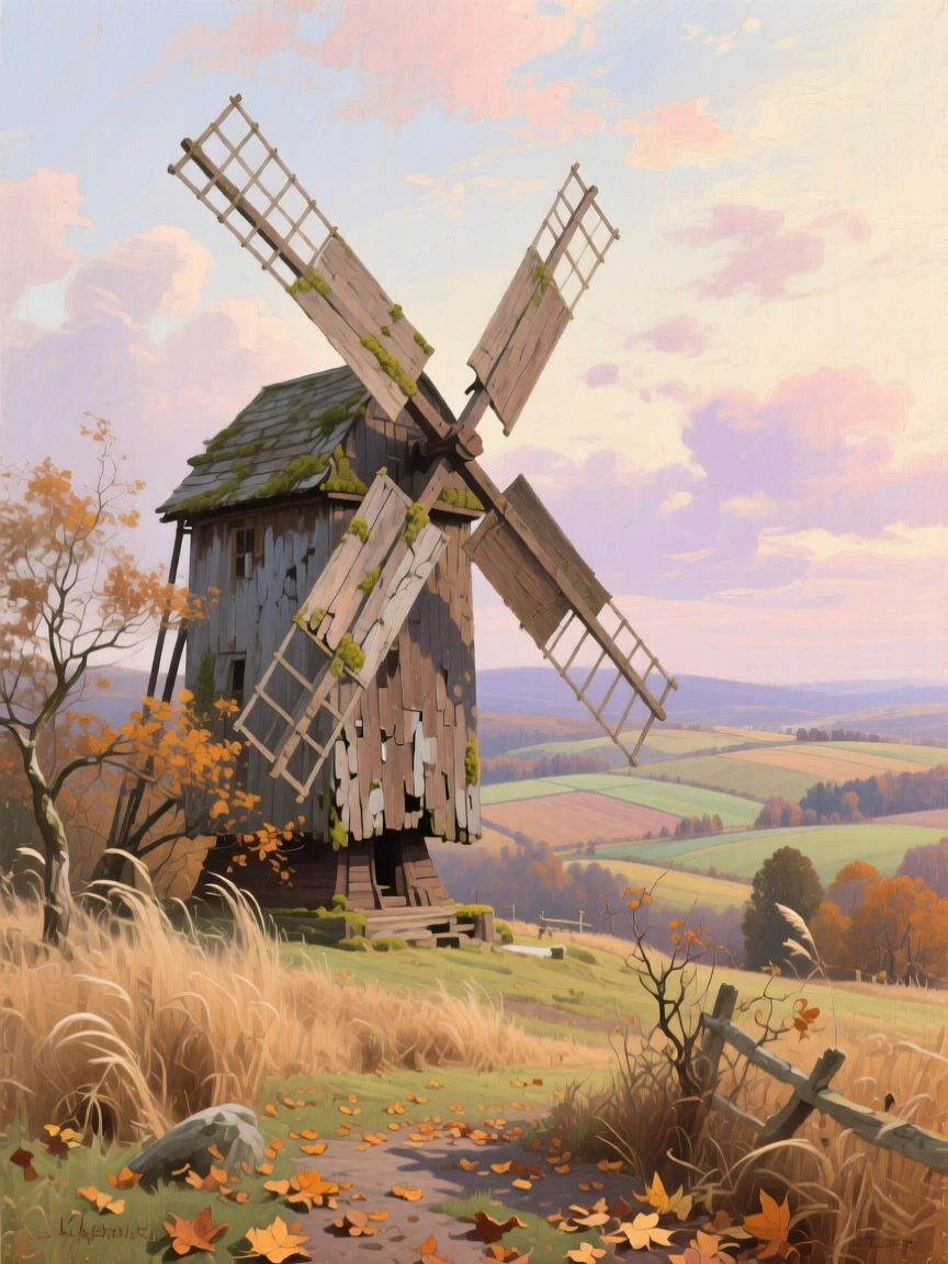 A broad landscape view of an old windmill turning slowly against a pastel evening sky, at midday, amid swirling autumn wind.