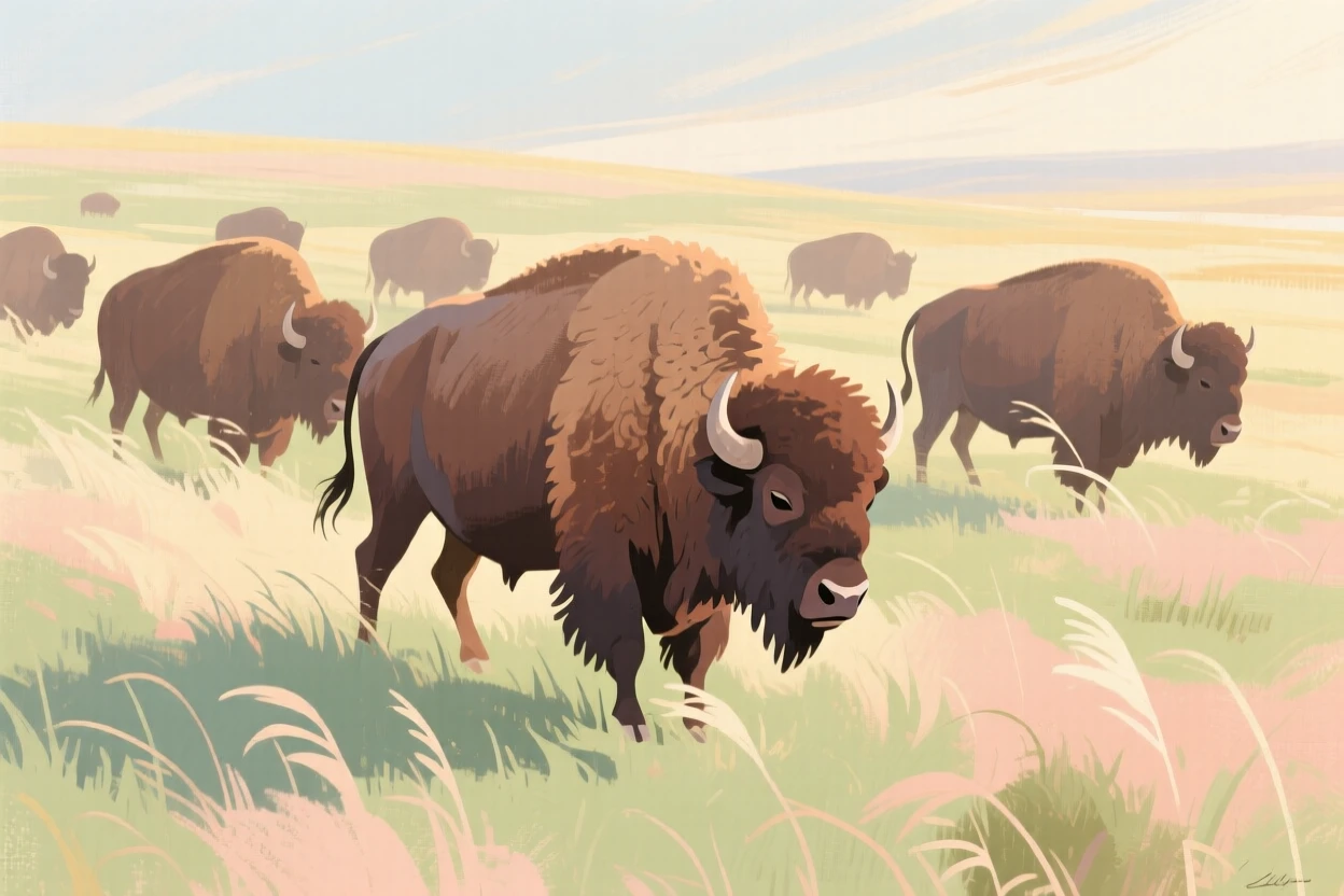 A herd of bison grazing on a windswept prairie