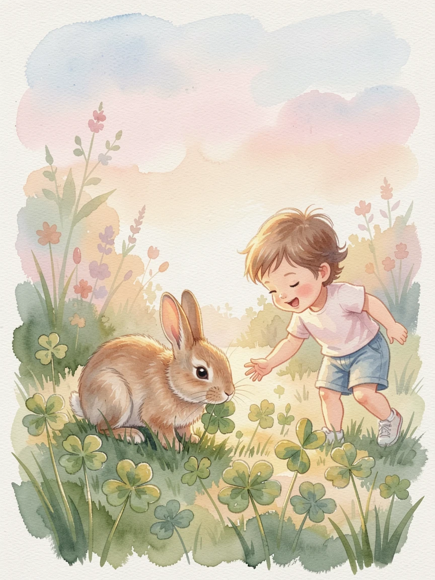 A bunny nibbling clover in a garden against a soft pastel sky playing with a small child nearby.