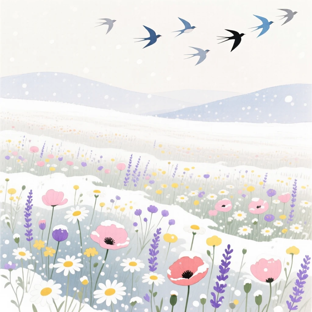 A breathtaking view of a wildflower meadow during a gentle snowfall, where a flock of birds crosses the sky