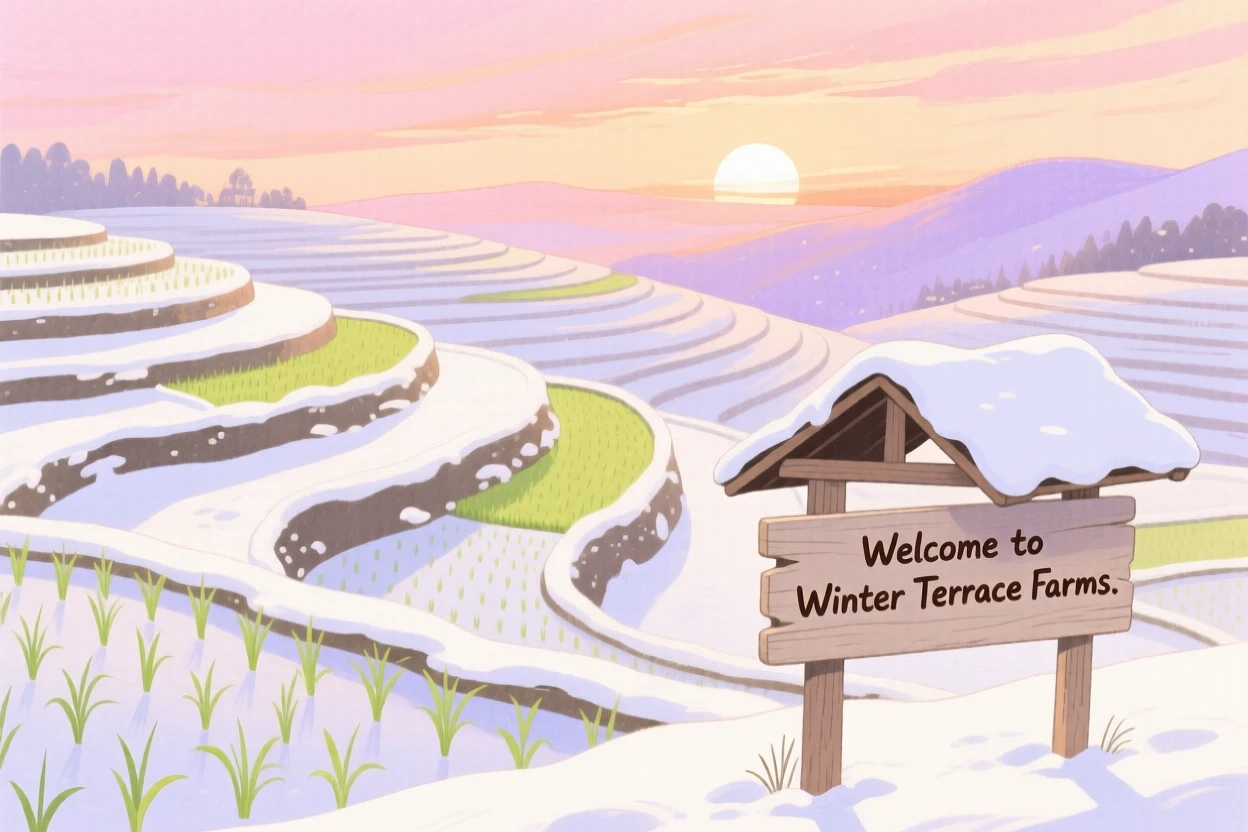 A panoramic scene of a terraced rice field at sunrise under a blanket of winter snow.