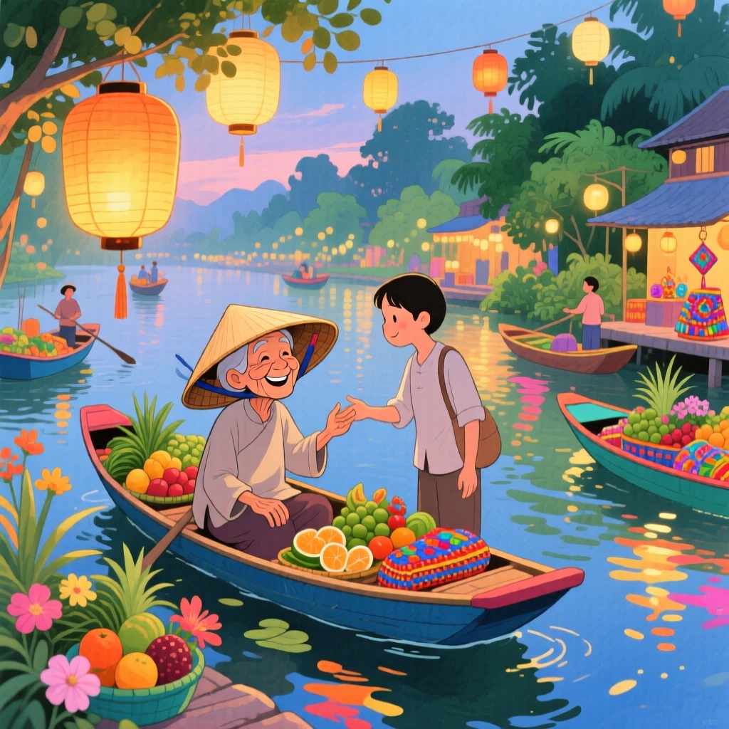 An elderly local shares a warm smile with a passerby amid the glowing lanterns of a floating market in Vietnam, filled with the romance of travel.