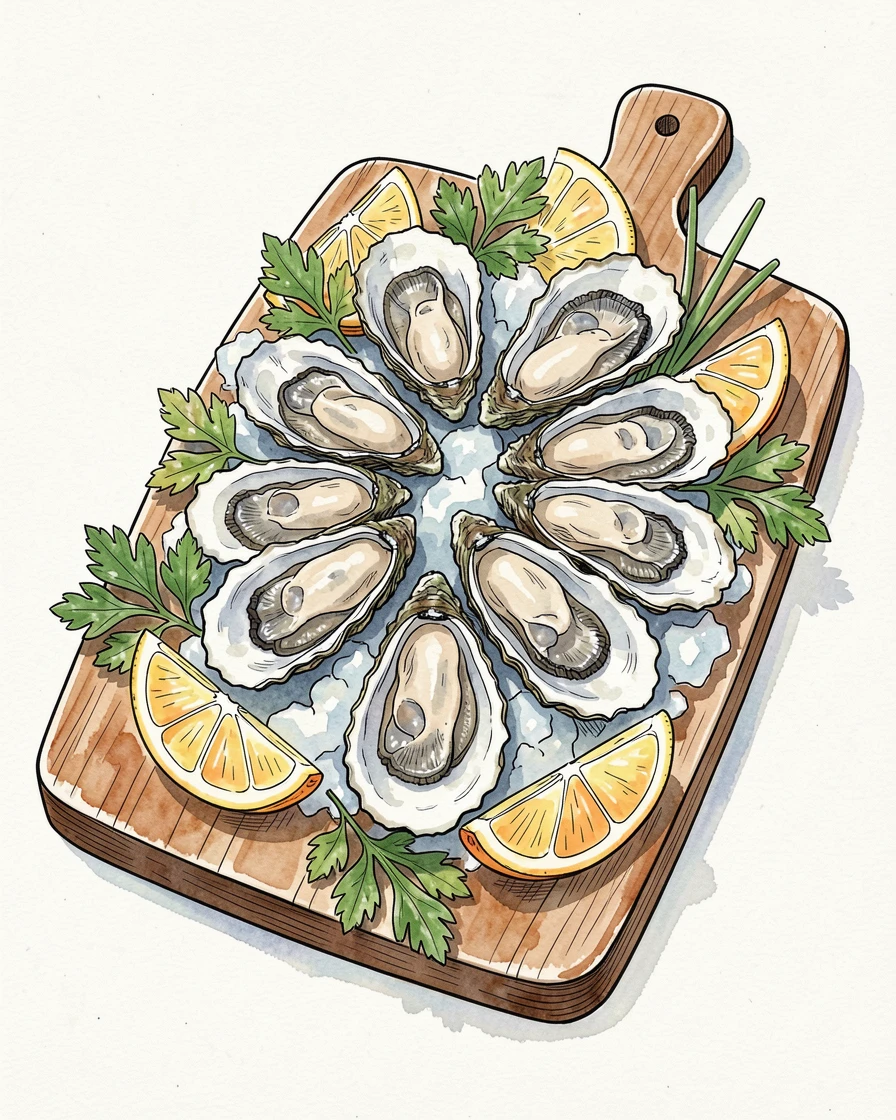 A wooden board of fresh oysters on ice with lemon wedges, fresh herbs and garnishes scattered artfully around the dish.