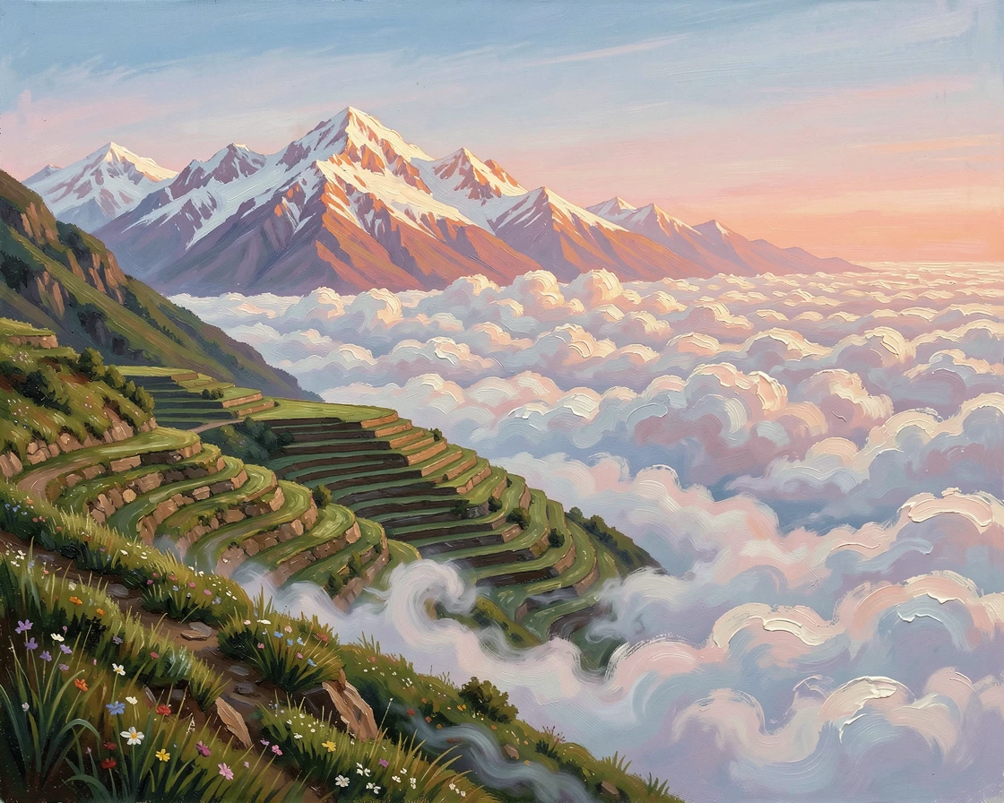 Terraced foothills rising toward distant peaks, morning mist pooling in the valley far below, above a rolling sea of clouds, at sunrise, rose-gold light spilling across the snowfields.