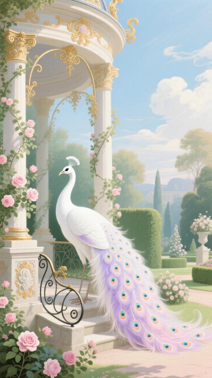A white peacock spreading its tail beside an ornate garden pavilion  