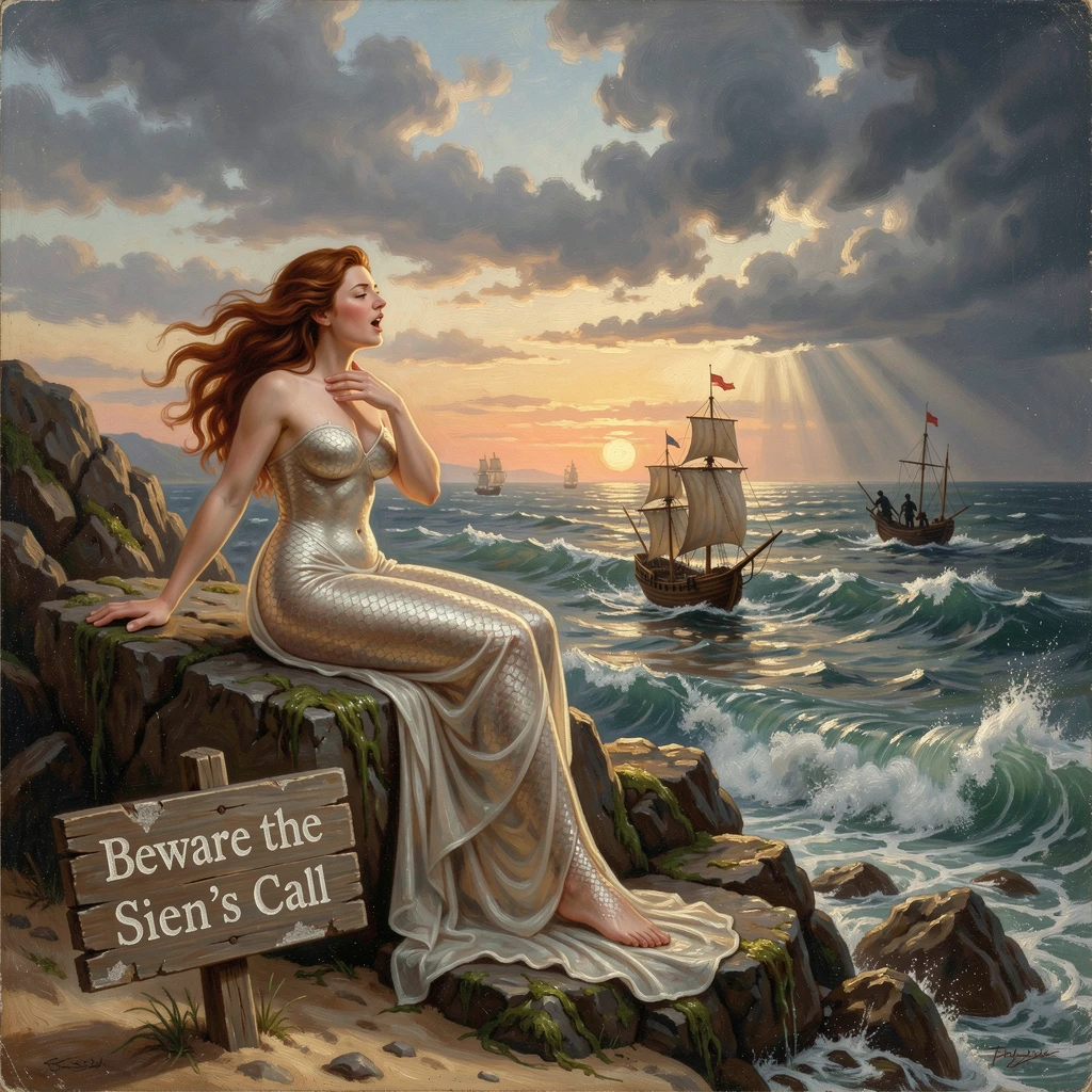 A siren sings from a rocky shore, luring sailors toward the rocks.