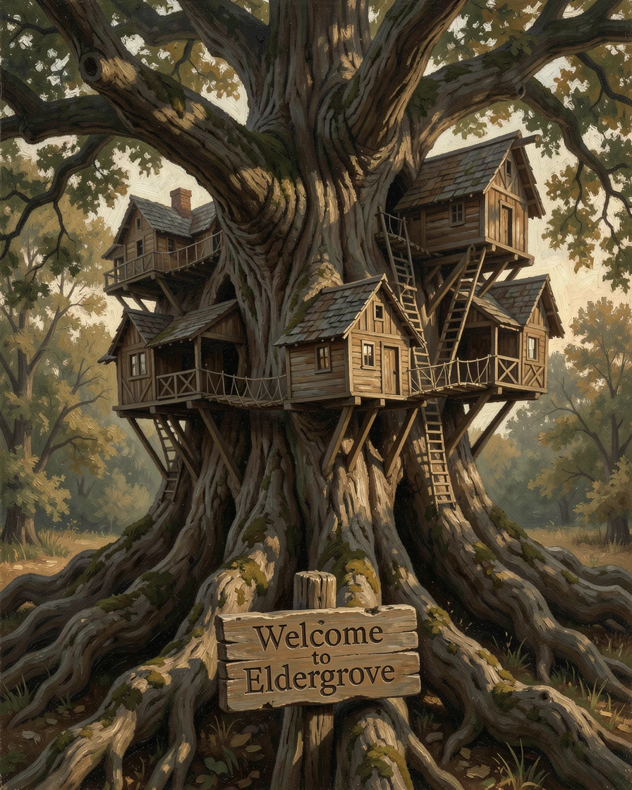 A hidden village built into the side of a massive, ancient tree, with dramatic, cinematic lighting enhancing the sense of wonder, designed to captivate the imagination while feeling grounded in realism