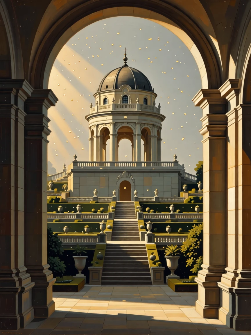A palace garden pavilion overlooking manicured terraces holding the quiet grandeur of a bygone era, set within a palace built for generations of nobility, with dust motes drifting through slanted beams of colored light; symmetry and repetition of arches create a sense of timeless order, suggesting both luxury and profound stillness.