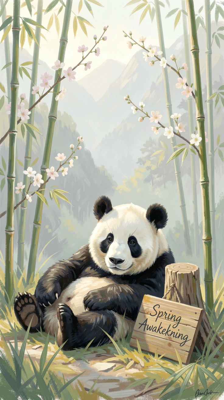 A giant panda resting among bamboo stalks in a misty mountain forest, just as the first blossoms of spring appear, evoking a sense of peace and quiet wonder.