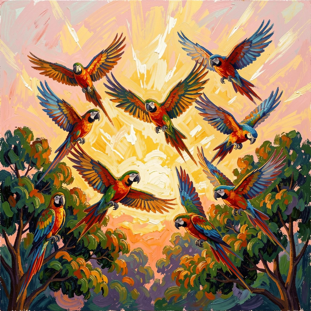 A flock of parrots bursting from the treetops in a blaze of color at sunrise.
