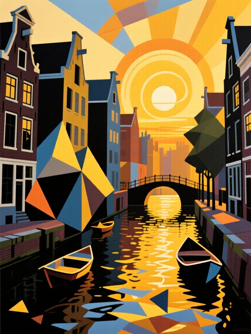 A breathtaking view of the canals of Amsterdam, glowing under a golden sunset.