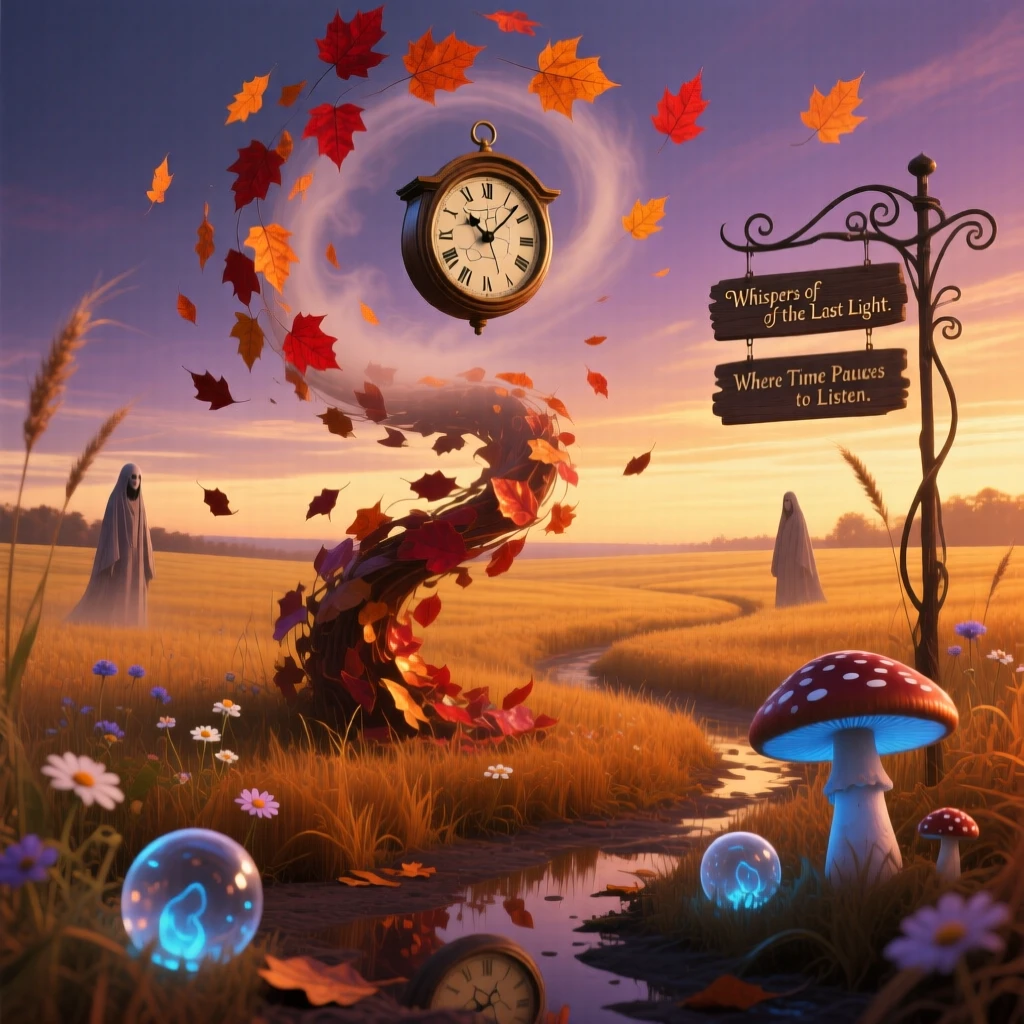 A golden autumn field swept by a slow spiral of falling leaves moves slowly across a horizon streaked with fading light, while everything nearby seems to pause and hold its breath.
