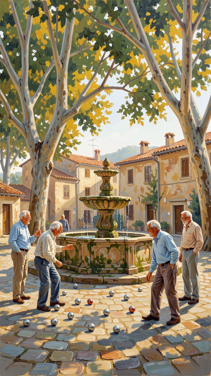 A quiet village square in Provence shows a stone fountain surrounded by plane trees, elderly men playing pétanque in the dappled afternoon shade, the changing light of the hour casting long shadows that add depth to every surface.