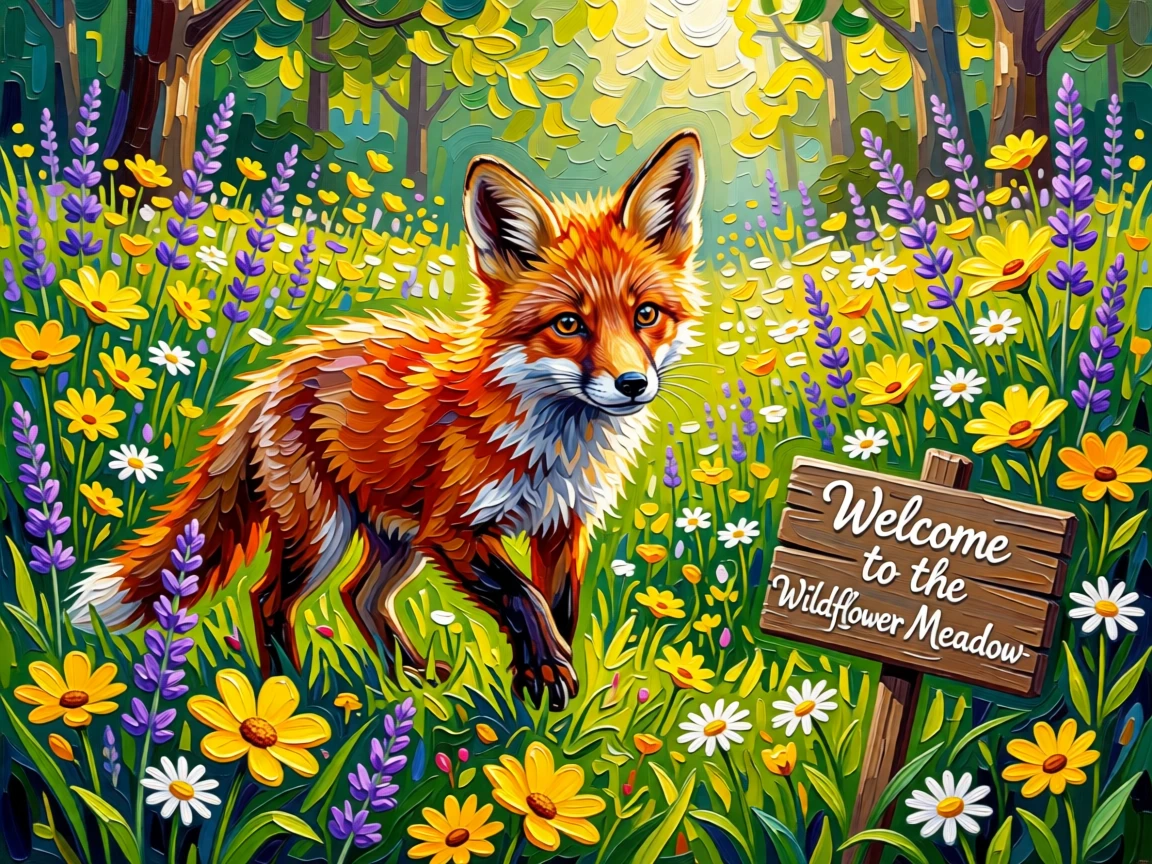A heartwarming photo of a fox kit exploring a patch of wildflowers for the first time