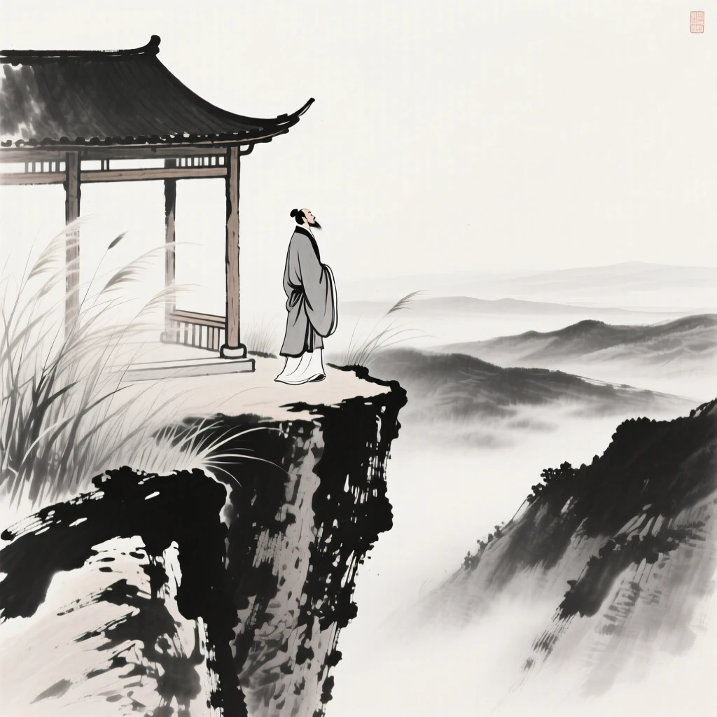 A scholar gazes out over a valley from a cliffside pavilion, as a gentle wind stirs the surrounding grass.