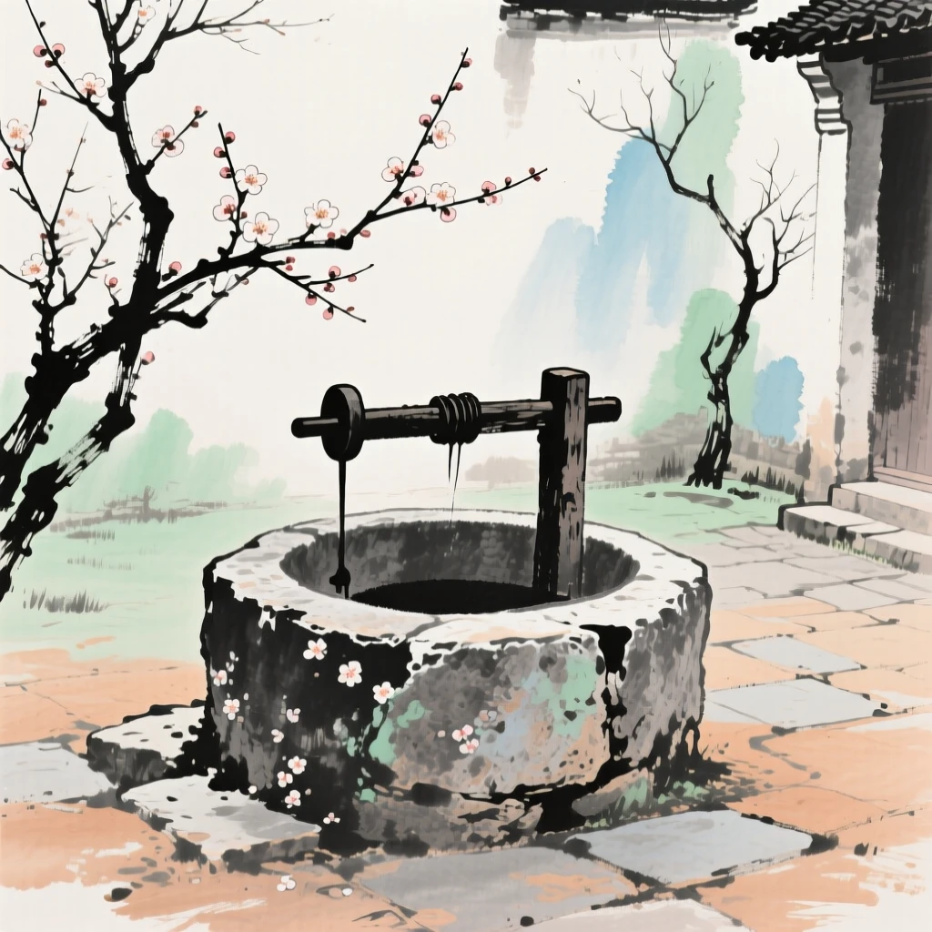 An old stone well standing quietly in an abandoned courtyard, as the last plum blossoms cling to bare branches, imbued with timeless calm.