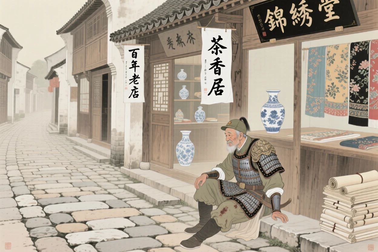 A retired soldier resting after a long day's journey along a cobblestone street lined with shops