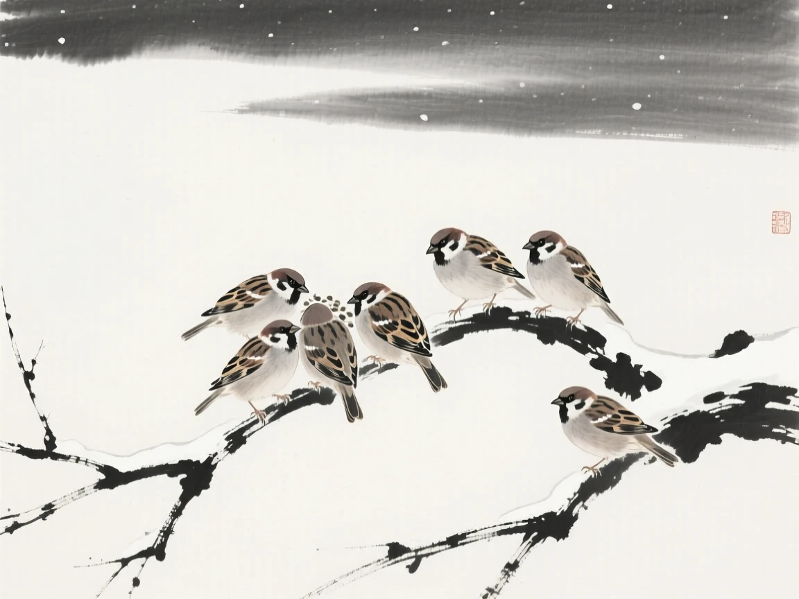 Sparrows gathering on a bare branch after a snowfall, framed against a wide expanse of open sky, capturing a fleeting moment of natural beauty.