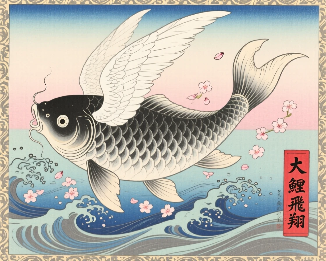 A giant transforming koi shimmering mid-flight in white feathers.