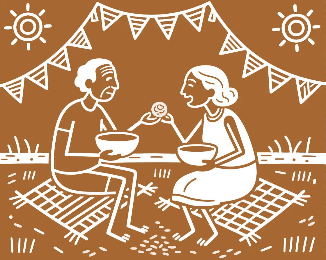 An elderly couple feeding each other during a festive meal.