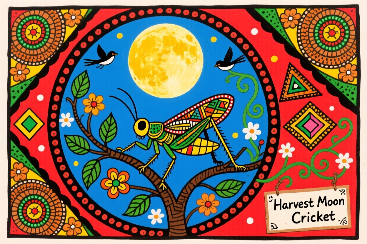 A cricket singing from a branch beneath a rising harvest moon.