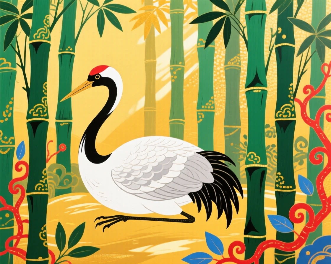 A powerful depiction of a snow-white crane resting in a bamboo grove touched by golden light.