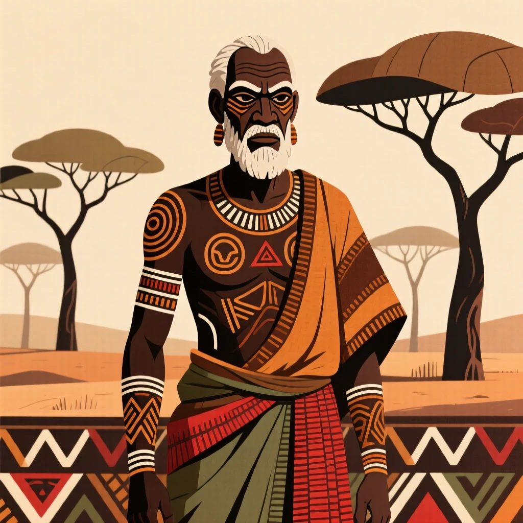 A stern grandfather standing tall against a backdrop of acacia trees.
