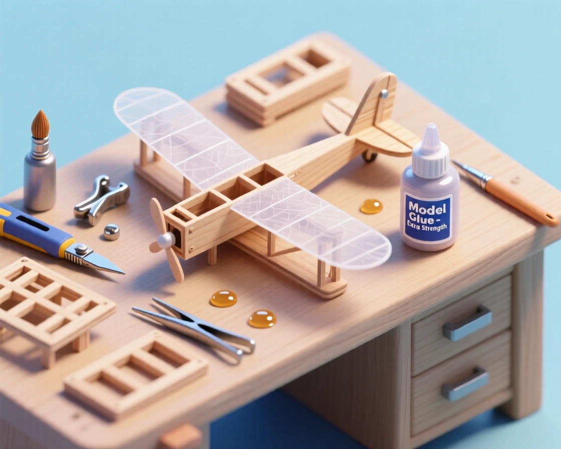 A model airplane hobbyist's workbench with balsa wood frames and tissue paper wings, glue and tiny tools scattered about.