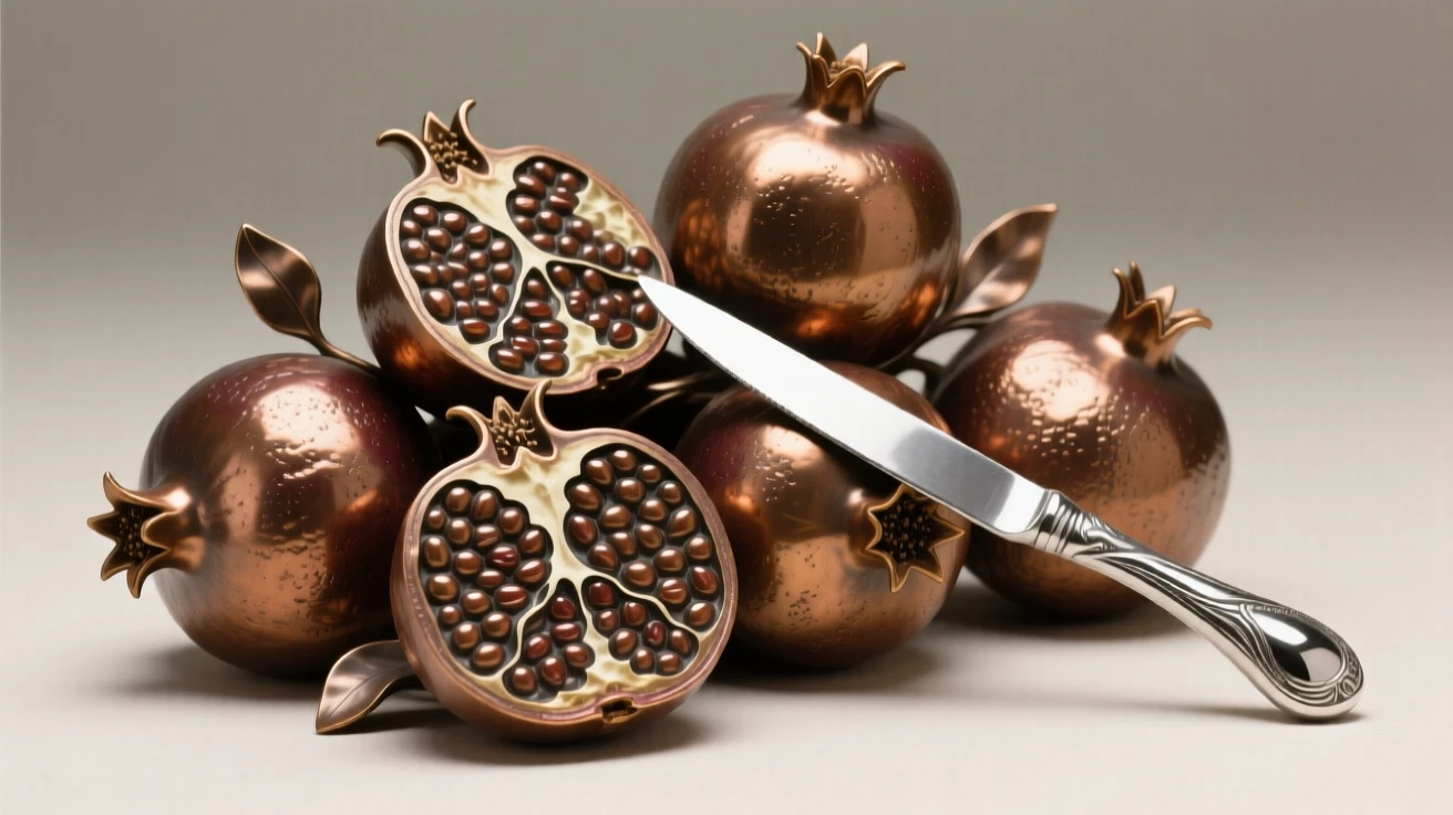 A cluster of ripe pomegranates split open beside a silver knife, rendered with soft natural light and rich texture, forming an elegant, balanced composition