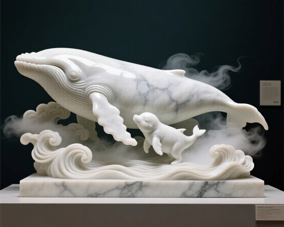 An evocative depiction of a mother whale swimming beside her calf, amid swirling clouds and mist, balancing detail with emotional depth