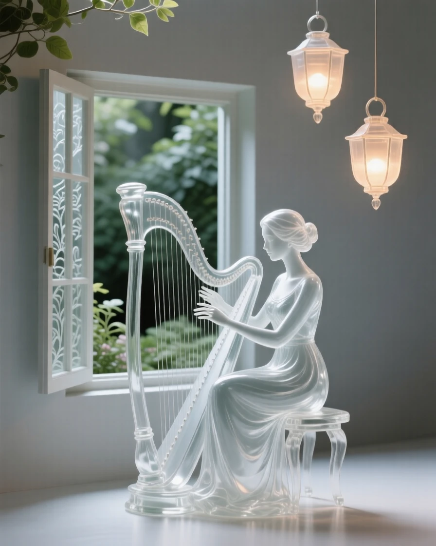 A harpist playing gently beside an open garden window beneath a sky filled with softly glowing lanterns