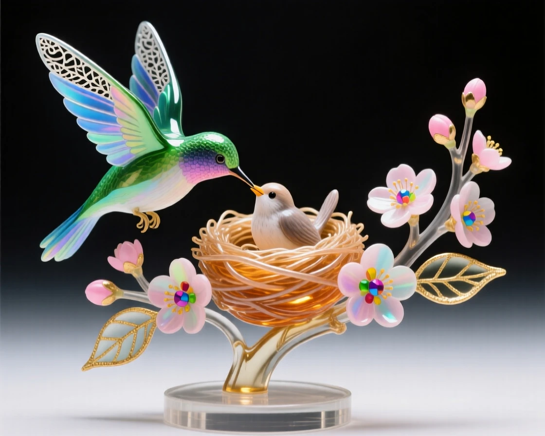 A hummingbird feeding a chick in a tiny nest cradled by blossoms, tender and delicate.