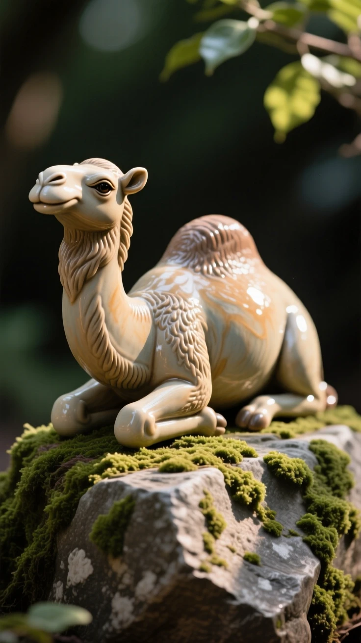 A camel resting in the shade perched alertly atop a mossy boulder, dappled in shifting patches of sunlight, radiating warmth and tender innocence.