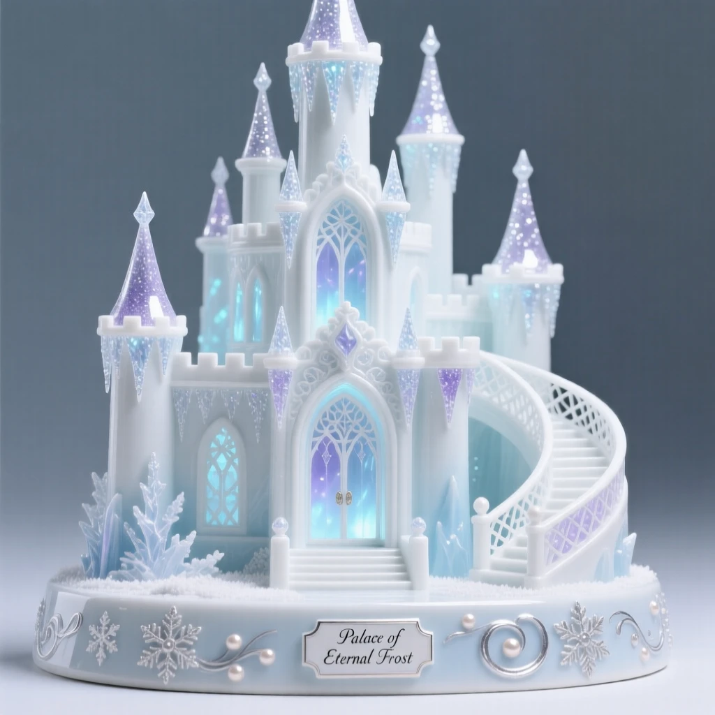 A magical frozen palace built of glittering ice, softly glowing from within.
