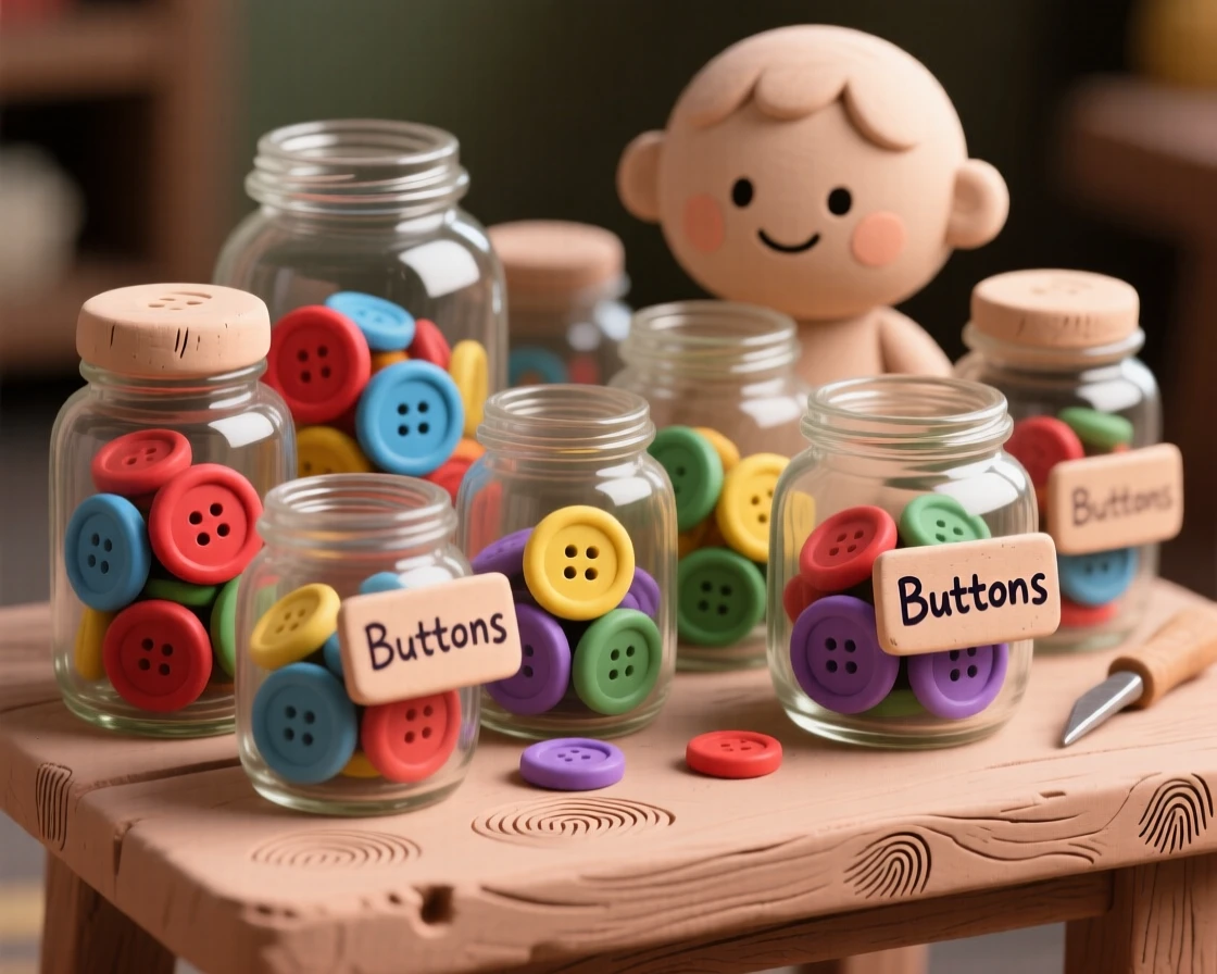 A collection of glass jars filled with colorful buttons