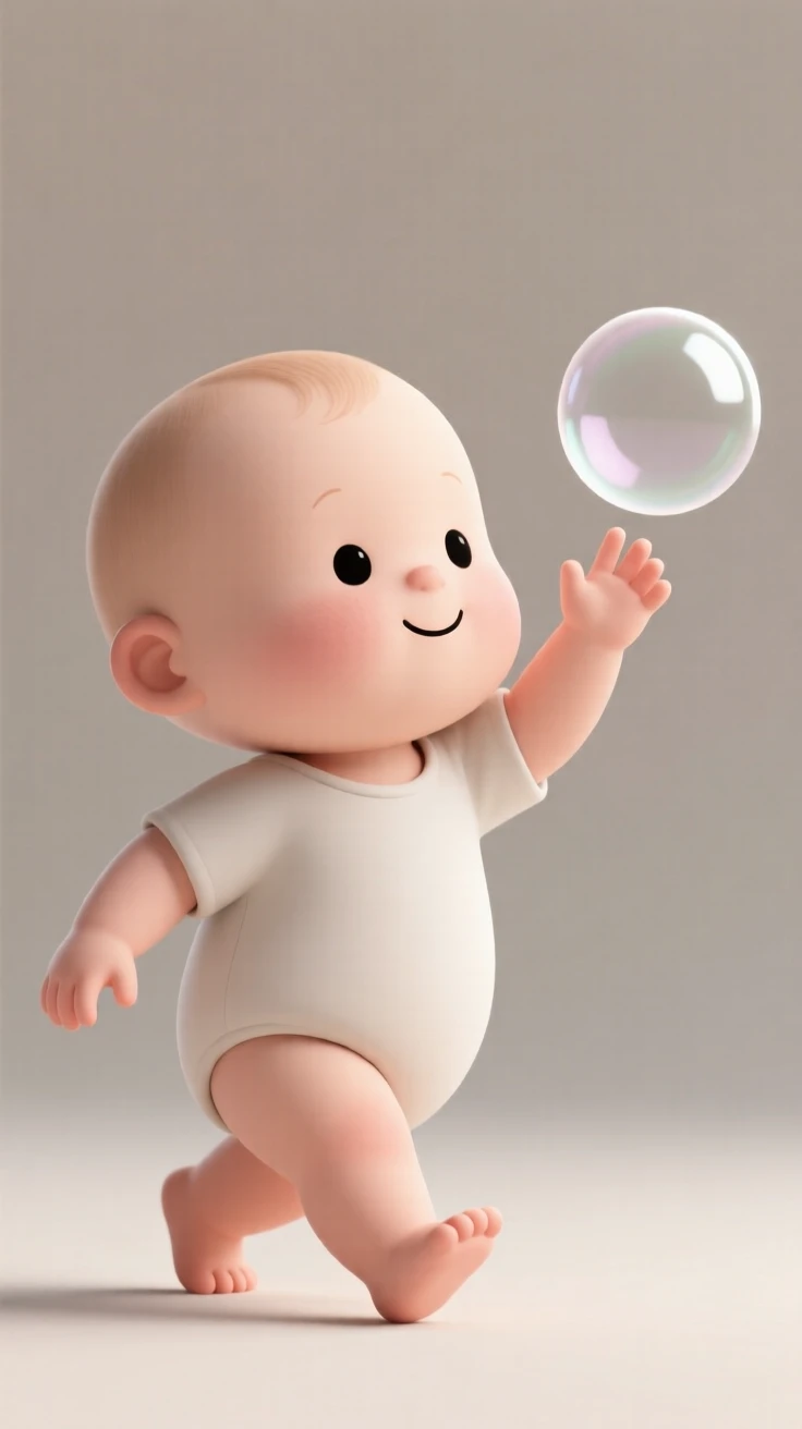 A curious toddler waddles after a soap bubble, tiny hands reaching up to pop it mid-air.