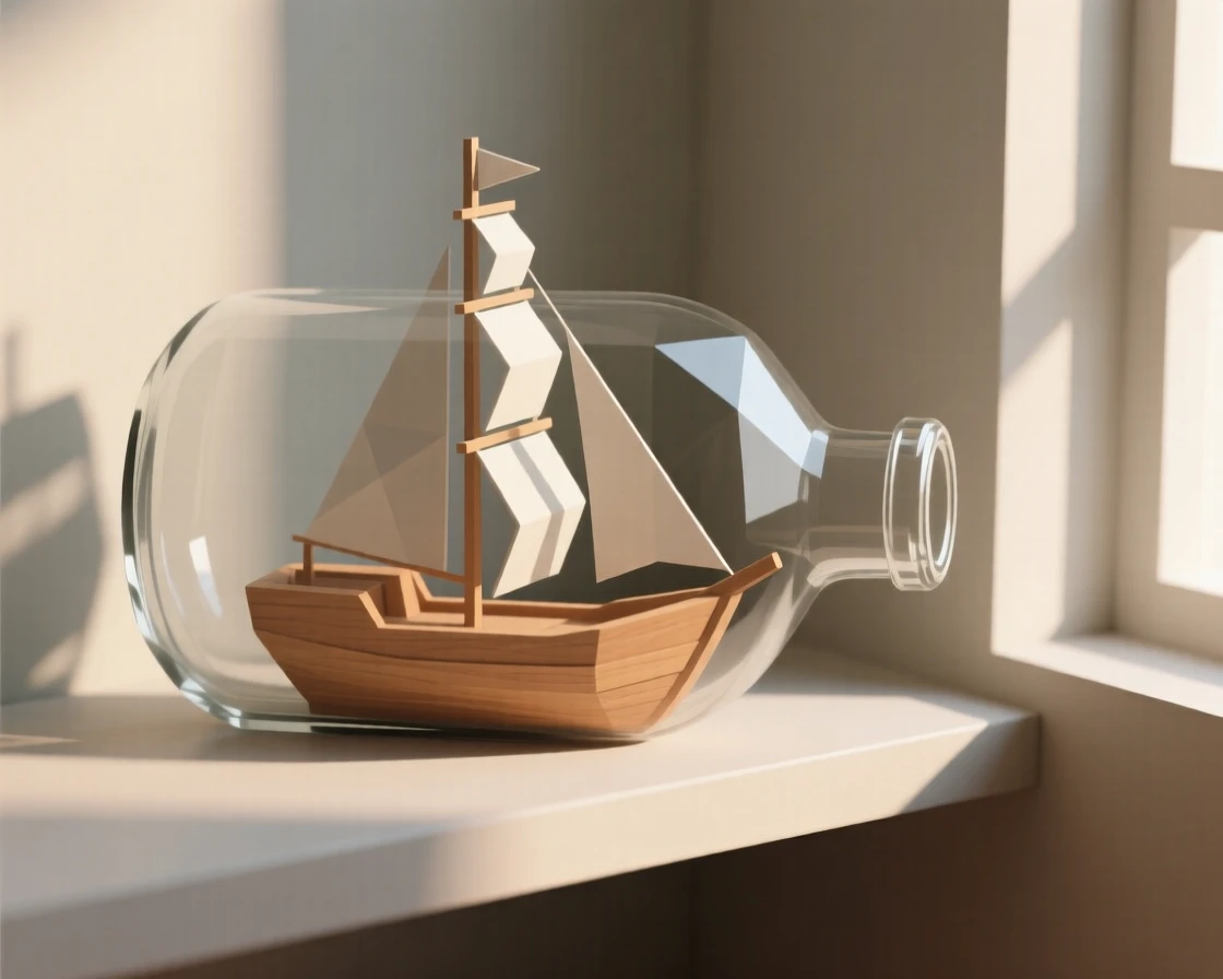 A wooden ship in a glass bottle, in a cozy, sunlit corner. soft directional light creates gentle shadows. There is a calm, contemplative stillness.