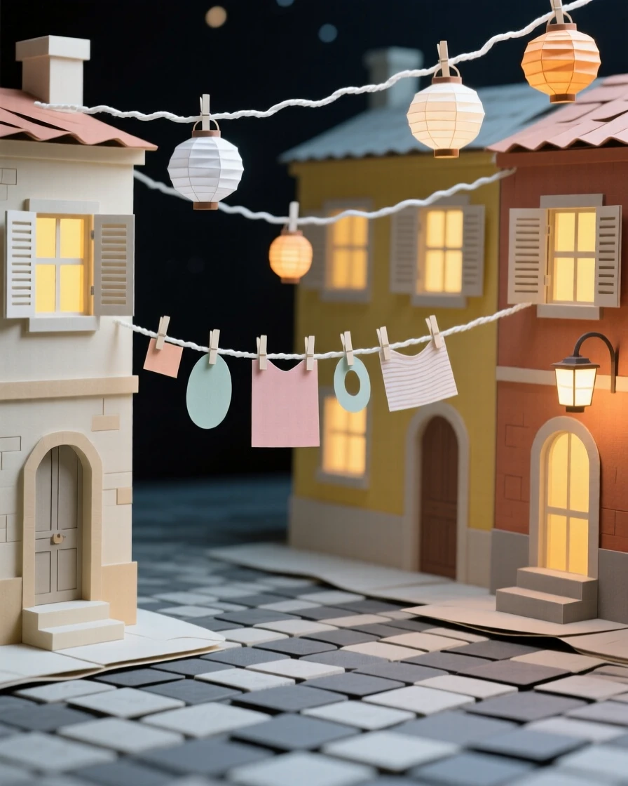 A historic old town square illuminated by string lights after dark, with laundry lines strung between windows, evoking quiet, timeless beauty.