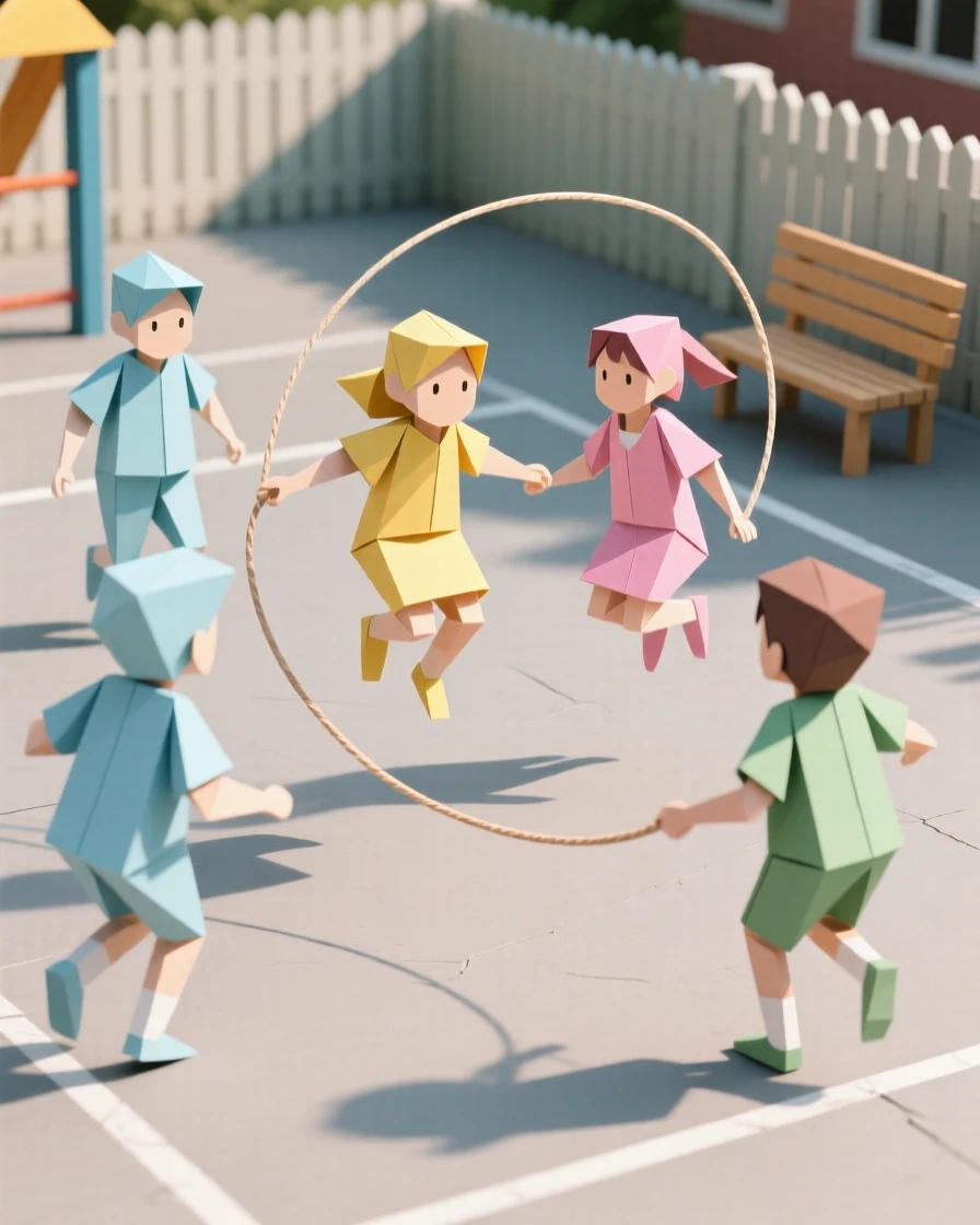A group of children playing a game of jump rope in a schoolyard.