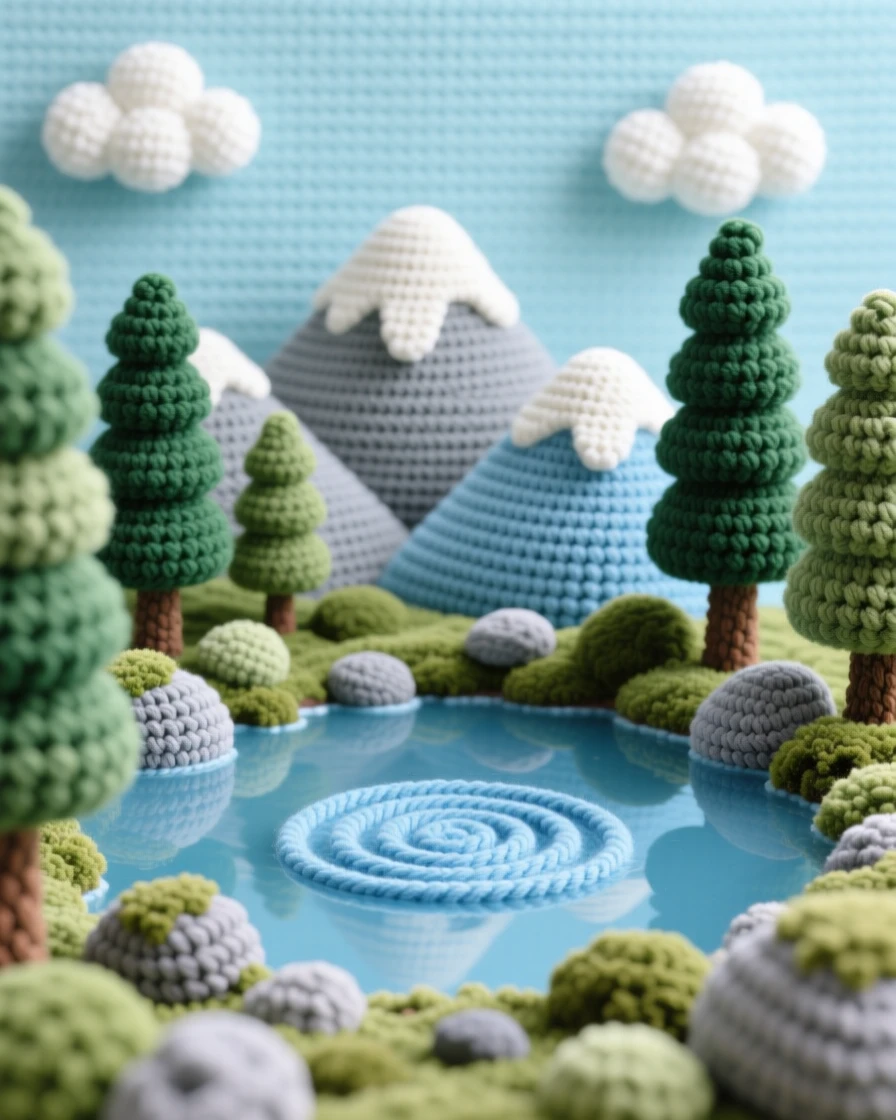 A picturesque scene featuring a quiet mountain lake, reflecting the surrounding peaks, framed by tall pine trees beneath a sky scattered with soft clouds, accompanied by a cluster of soft mossy rocks, capturing a serene, storybook tranquility.