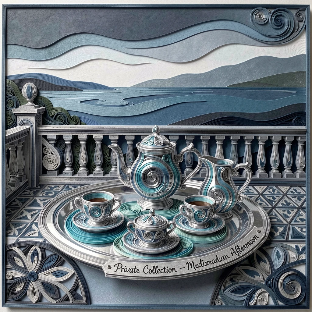 A sophisticated luxury scene of an elegant tea set arranged on a silver tray on a private terrace overlooking the Mediterranean, in cool platinum and silver tones, composed with dramatic, moody lighting.