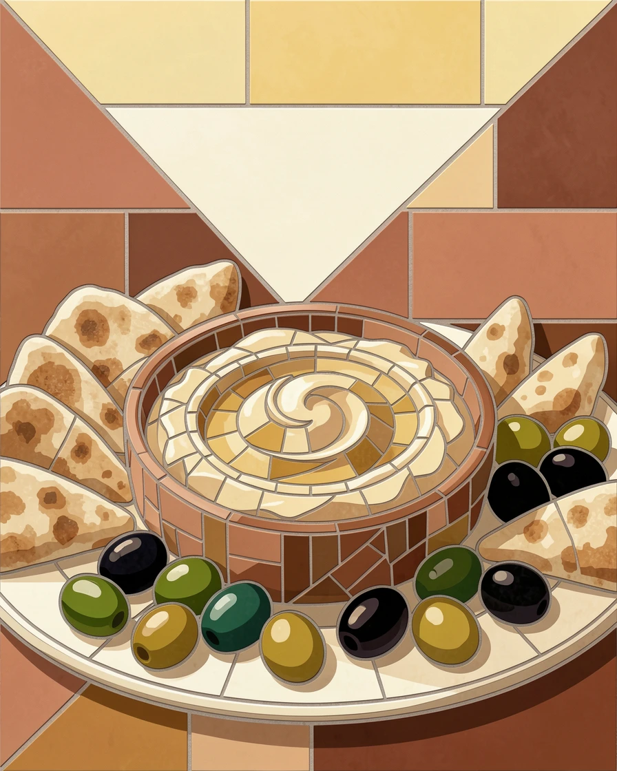 A close-up gourmet food photograph of a Mediterranean mezze spread with hummus, olives, and warm pita, with rich color and inviting texture.