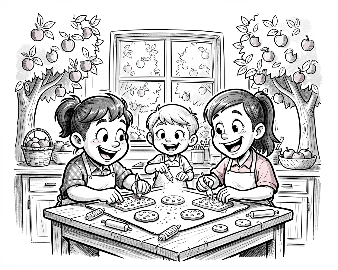 A family decorating cookies together in the kitchen in an orchard during apple-picking season.